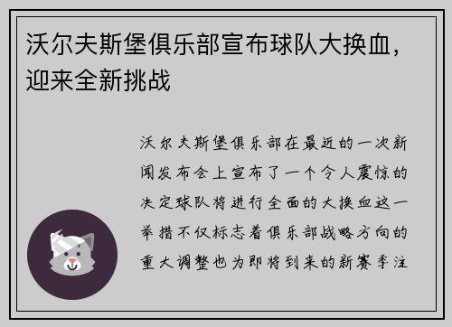 沃尔夫斯堡俱乐部宣布球队大换血，迎来全新挑战