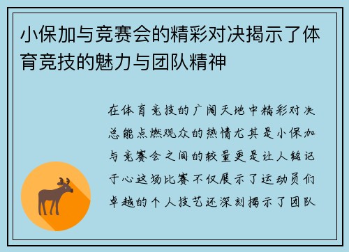 小保加与竞赛会的精彩对决揭示了体育竞技的魅力与团队精神